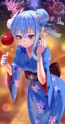 Rule 34 | 1girl, absurdres, blue flower, blue hair, blue kimono, blurry, blurry background, blush, candy apple, closed mouth, elmo (st elmomomo), fireworks, floating hair, floral print, flower, food, fox mask, hair between eyes, hair flower, hair ornament, highres, hololive, hoshimachi suisei, japanese clothes, kimono, leaning forward, long sleeves, mask, mask on head, nail polish, print kimono, purple eyes, purple nails, smile, solo, virtual youtuber, wide sleeves, yukata