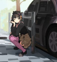 Rule 34 | 1girl, beret, black hair, black shirt, buttoned cuffs, buttons, car, character request, closed mouth, copyright request, day, hat, highres, long sleeves, looking at viewer, motor vehicle, one eye closed, outdoors, shirt, shoes, skirt, smile, solo, squatting, thighhighs, v, yellow eyes, zanya 000