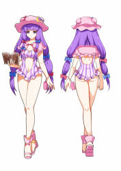 Rule 34 | 1girl, alternate costume, alternate hairstyle, ass, back, book, breasts, capelet, cleavage, clothing cutout, crescent, crescent hair ornament, full body, greetload, hair ornament, hair ribbon, hat, highres, long hair, looking at viewer, medium breasts, multiple views, navel, navel cutout, one-piece swimsuit, patchouli knowledge, pink footwear, purple eyes, purple hair, purple one-piece swimsuit, ribbon, shoes, simple background, standing, striped clothes, striped one-piece swimsuit, swimsuit, touhou, tress ribbon, twintails, very long hair, walking, white background