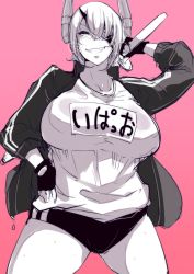 Rule 34 | 10s, 1girl, arm up, bad id, bad pixiv id, breasts, buruma, clothes lift, eyepatch, fingerless gloves, gloves, grin, gym uniform, hair ornament, hand on own hip, heavy breathing, highres, huge breasts, ironblood, jacket, kantai collection, large breasts, looking at viewer, pink background, short hair, simple background, smile, solo, sweat, sweater, sweater lift, sword, takato kurosuke, tenryuu (kancolle), thick thighs, thighs, weapon, wooden sword
