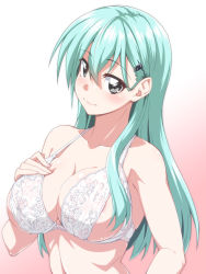 Rule 34 | 10s, 1girl, aqua eyes, aqua hair, bra, breast suppress, breasts, cleavage, collarbone, female focus, hair ornament, hairclip, kantai collection, large breasts, lingerie, long hair, mikagami sou, smile, solo, suzuya (kancolle), underwear, underwear only, upper body, white bra
