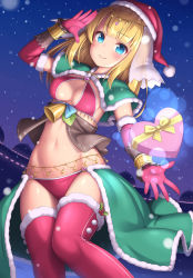Rule 34 | 1girl, arm up, belt, bikini, blonde hair, blue eyes, box, breasts, capelet, christmas, cleavage, elbow gloves, fur trim, gift, gift box, gloves, hat, heart, highres, long hair, looking at viewer, medium breasts, midriff, navel, original, red bikini, red gloves, red hat, red thighhighs, revealing clothes, santa bikini, santa hat, sasaame, showgirl skirt, smile, snowing, solo, stomach, swimsuit, thighhighs