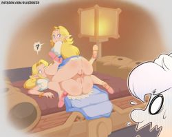 Rule 34 | 1boy, 2girls, anus, ass, asymmetrical docking, bed, blonde hair, blue dress, bluebreed, blush, breast press, circlet, cleft of venus, clone, commentary, dress, earrings, elf, embarrassed, frown, girl on top, high heels, jewelry, lantern, link, looking back, mating press, missionary tribadism, multiple girls, nintendo, no panties, pink dress, pointy ears, princess zelda, pussy, selfcest, shared speech bubble, speech bubble, spread legs, surprised, the legend of zelda, the legend of zelda: a link between worlds, the legend of zelda: a link to the past, thighs, tiara, tribadism, triforce, uncensored, yuri