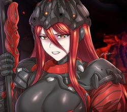 Rule 34 | 1girl, armor, artist name, bodysuit, breasts, clenched teeth, helmet, holding, holding scepter, holding weapon, humanization, kuva guardian (warframe), large breasts, long hair, looking at viewer, orange eyes, red hair, scepter, shoulder armor, signature, solo, teeth, warframe, weapon, zxpfer