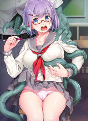 Rule 34 | 1boy, 1girl, arm grab, arm up, belt, blue eyes, breasts, cameltoe, chair, classroom, clothes lift, colored skin, commentary request, desk, glasses, grabbing, grabbing from behind, green skin, grey skirt, hair ornament, hairclip, hand on another&#039;s shoulder, head out of frame, highres, indoors, lifting another&#039;s clothes, monster, neckerchief, open clothes, open mouth, open shirt, original, panties, pants, pencil, pink panties, purple hair, red neckerchief, school uniform, serafuku, shirt, short hair, sitting, skirt, skirt lift, teeth, tentacles, tentacles under clothes, thighs, underwear, upper teeth only, wacchi, white shirt