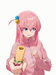 Rule 34 | 1girl, blue eyes, blush, bocchi the rock!, cube hair ornament, embarrassed, food, foreshortening, gotoh hitori, hair ornament, highres, holding, holding food, jacket, long hair, long sleeves, looking to the side, omochiarts, one side up, outstretched arm, parted lips, pink hair, pink jacket, sidelocks, simple background, solo, track jacket, umaibou, upper body, white background, zipper, zipper pull tab