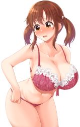 Rule 34 | 1girl, :o, armpits, blush, bra, breasts, brown hair, cleavage, collarbone, full-face blush, furrowed brow, highres, idolmaster, idolmaster cinderella girls, lace, lace-trimmed bra, lace trim, large breasts, leaning forward, looking down, mukae gou, navel, panties, red bra, red panties, simple background, solo, totoki airi, twintails, underwear, underwear only, white background