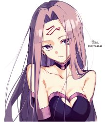 Rule 34 | 1girl, bare shoulders, black dress, breasts, brown hair, cleavage, collarbone, dress, facial mark, fate/stay night, fate (series), forehead, forehead mark, highres, looking at viewer, medium breasts, medusa (fate), medusa (rider) (fate), medusa (rider) (third ascension) (fate), parted bangs, purple eyes, signature, simple background, sofra, solo, strapless, strapless dress, twitter username, upper body, white background
