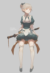 Rule 34 | 1girl, bad id, bad pixiv id, blue eyes, breasts, brown hair, choker, dress, echosdoodle, english text, full body, green dress, green ribbon, grey background, hair ribbon, hair up, holding, holding sword, holding weapon, looking away, looking to the side, medium breasts, original, over-kneehighs, parted lips, puffy short sleeves, puffy sleeves, ribbon, sheath, sheathed, shoes, short sleeves, signature, solo, sword, thighhighs, weapon, white thighhighs