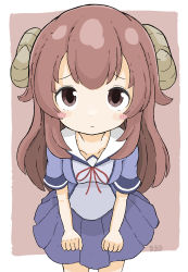 Rule 34 | 1girl, absurdres, blue shirt, blue skirt, blush, blush stickers, breasts, brown background, brown eyes, brown hair, closed mouth, collarbone, commentary request, curled horns, demon horns, highres, horns, long hair, looking at viewer, machikado mazoku, medium breasts, neck ribbon, pleated skirt, red ribbon, ribbon, rururu (pyrk8855), shirt, short sleeves, skirt, solo, two-tone background, very long hair, wavy hair, white background, yoshida yuuko (machikado mazoku)