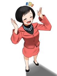 Rule 34 | 1girl, :d, ^^^, ^ ^, agemono, animification, arms up, bad id, bad pixiv id, beads, black hair, blush, bob cut, buttons, closed eyes, formal, from above, full body, happy, hisamoto masami, jacket, jewelry, meme, necklace, office lady, open mouth, pencil skirt, shadow, shoes, simple background, skirt, skirt suit, smile, soka gakkai international, solo, standing, suit, turtleneck, white background
