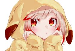 Rule 34 | 1girl, alternate costume, blonde hair, blush, chukachuka, closed mouth, commentary request, expressionless, hands on own cheeks, hands on own face, highres, hood, hood up, long sleeves, looking at viewer, medium bangs, multicolored hair, nanashi inc., orange eyes, pikachu costume, red hair, seshima rui, short hair, simple background, solo, transparent background, two-tone hair, upper body, virtual youtuber