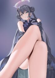 Rule 34 | 1girl, absurdres, bare legs, black coat, black dress, black gloves, black hair, blue archive, china dress, chinese clothes, coat, commentary, crossed legs, double bun, dress, feet out of frame, gloves, hair bun, halo, highres, kisaki (blue archive), kuuhaku (pskf2372), long hair, looking at viewer, sleeveless, sleeveless dress, solo, twintails, very long hair