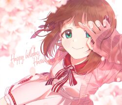 Rule 34 | 1girl, amami haruka, arm support, blurry, blush, bow, bowtie, breasts, brown hair, cardigan, character name, cherry blossoms, closed mouth, depth of field, dress, falling petals, frilled dress, frills, from above, green eyes, hair bow, hair ribbon, hand up, happy birthday, highres, idolmaster, idolmaster (classic), idolmaster million live!, idolmaster million live! theater days, long sleeves, looking at viewer, lunim (roo 0 0), medium breasts, open cardigan, open clothes, petals, pink cardigan, pink dress, pink ribbon, red bow, red bowtie, ribbon, short hair, sitting, sleeves past wrists, smile, solo, striped bow, striped bowtie, striped clothes, striped ribbon