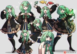 Rule 34 | ..., 1girl, artist name, blue pantyhose, boots, bow, character sheet, closed eyes, closed mouth, fire emblem, fire emblem: three houses, fish, fish in mouth, flayn (fire emblem), garreg mach monastery uniform, green eyes, green hair, grey background, hair ornament, high heel boots, high heels, highres, kinkymation, long hair, long sleeves, multiple views, nintendo, nude, one eye closed, open mouth, outstretched arms, pantyhose, pointy ears, simple background, smile, spoken ellipsis, spread arms, uniform, watermark, web address