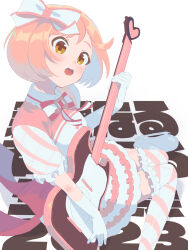 Rule 34 | 1girl, ayase naru, bow, brown eyes, commentary request, dress, frilled dress, frilled thighhighs, frills, full body, gloves, guitar, highres, holding, holding guitar, holding instrument, instrument, looking at viewer, open mouth, pink bow, pink dress, pink hair, pretty rhythm, pretty rhythm rainbow live, pretty series, short hair, sitting, solo, thighhighs, tsujii luki, white background, white gloves