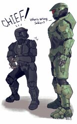 Rule 34 | 2boys, absurdres, armor, assault visor, black gloves, chinese commentary, dianchi r, english text, fingerless gloves, gloves, grey gloves, halo (series), halo 2, highres, holding, holding toy, looking up, male focus, master chief, multiple boys, odst, power armor, romaji commentary, shadow, simple background, spartan (halo), surprised, toy, white background