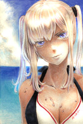 Rule 34 | 1girl, alternate costume, beach, bikini, blonde hair, blue eyes, blue sky, breasts, cleavage, closed mouth, cloud, collarbone, day, eyes visible through hair, graf zeppelin (kancolle), hair between eyes, hair tie, head tilt, highres, kantai collection, large breasts, long hair, looking at viewer, millipen (medium), ocean, postcard, sidelocks, signature, sky, smile, solo, swimsuit, tan, tesun (g noh), traditional media, tsurime, twintails, watercolor pencil (medium), wet