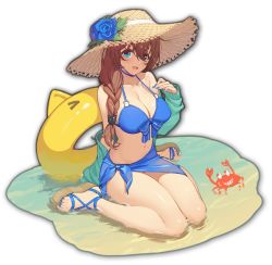 Rule 34 | 1girl, animal, artist request, beach, bikini, blue bikini, blue eyes, blue flower, blue nails, blue rose, braid, braided ponytail, brown hair, crab, fang, feet, flower, game cg, hat, in water, inflatable toy, mahjong soul, nail polish, official art, open mouth, qingkuniang, rose, sandals, seiza, side ponytail, simple background, sitting, skin fang, solo, sun hat, swimsuit, third-party source, transparent background, yostar