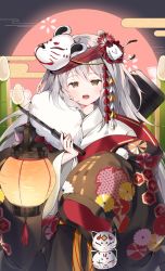 Rule 34 | 1girl, absurdres, bamboo, black kimono, blush, fang, floral print, flower, fox mask, fur collar, g11 (girls&#039; frontline), g11 (lucky rat&#039;s lazy spring) (girls&#039; frontline), girls&#039; frontline, grey hair, hair ornament, highres, holding, holding lantern, huge filesize, japanese clothes, kimono, lantern, long hair, long sleeves, mask, messy hair, new year, official alternate costume, open mouth, sayan, sleeves past fingers, sleeves past wrists, solo, wide sleeves, yellow eyes