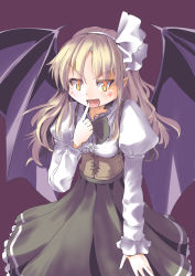 Rule 34 | &gt;:), &gt;:d, 1girl, :d, bad id, bad pixiv id, bat wings, blonde hair, corset, culter, female focus, finger to mouth, hairband, highres, kurumi (touhou), lotus land story, open mouth, purple background, simple background, slit pupils, smile, solo, suspenders, touhou, touhou (pc-98), v-shaped eyebrows, wings, yellow eyes