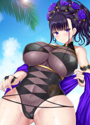 Rule 34 | 1girl, akino hamo, armlet, bare shoulders, black gloves, black hair, black one-piece swimsuit, blue sky, breasts, covered navel, fate/grand order, fate (series), fingerless gloves, flower, gloves, gold trim, hair flower, hair ornament, hair up, half gloves, highleg, highleg swimsuit, highres, large breasts, long hair, looking at viewer, murasaki shikibu (fate), murasaki shikibu (swimsuit rider) (fate), murasaki shikibu (swimsuit rider) (first ascension) (fate), one-piece swimsuit, palm tree, purple eyes, purple hair, pussy juice, pussy juice trail, sky, solo, sticky fingers, swimsuit, thighs, tree