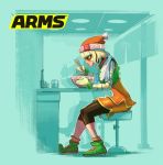 Rule 34 | 1girl, animated, arms (game), beanie, bike shorts, blonde hair, chinese clothes, eating, food, hat, pantyhose under shorts, mask, min min (arms), noodles, pantyhose, short hair, shorts, solo, video