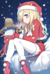 Rule 34 | 1girl, ankle boots, blonde hair, blue eyes, blush, boots, bouzu (bonze), can, carrot, christmas, fur boots, gloves, hat, long hair, long sleeves, looking at viewer, mittens, one eye covered, original, pantyhose, red footwear, red mittens, sack, santa boots, santa costume, santa hat, scarf, sitting, smile, snowing, snowman, solo, steam, white pantyhose
