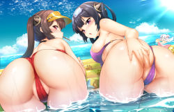 Rule 34 | 3girls, ahoge, alternate costume, anus, anus peek, armpits, ass, ass focus, ass grab, azur lane, back, beach, bikini, black hair, blue sky, blush, breasts, brown hair, choker, cleft of venus, cloud, day, dutch angle, from behind, goggles, goggles on head, grabbing own ass, hair ornament, hair rings, hairband, hat, inflatable raft, innertube, ipuu (el-ane koubou), large breasts, long hair, looking at viewer, looking back, mouth hold, multiple girls, ning hai (azur lane), ning hai (summer hunger) (azur lane), ocean, open mouth, outdoors, partially visible anus, partially visible vulva, ping hai (azur lane), ping hai (summer vacation) (azur lane), pink eyes, popsicle stick, purple bikini, purple eyes, pussy, pussy peek, red bikini, red eyes, revision, sky, splashing, spread ass, sunlight, swim ring, swimsuit, take your pick, thighs, twintails, twisted torso, universal bulin (azur lane), v-shaped eyebrows, visor cap, wading, wet