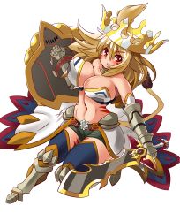 Rule 34 | 1girl, animal ears, bare shoulders, blonde hair, blue thighhighs, bouncing breasts, breasts, brown hair, cleavage, crown, facial mark, female focus, highres, large breasts, lion ears, lion tail, midriff, navel, red eyes, shield, short shorts, shorts, simple background, solo, sword, tail, thighhighs, thighs, umigaras, umigarasu (magipro), vambraces, weapon, white background