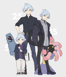 Rule 34 | 1boy, age progression, aged down, bag, beldum, belt, black bag, black shirt, buttons, closed mouth, collared shirt, creatures (company), game freak, gen 3 pokemon, grey background, grey eyes, grey hair, hand on own hip, highres, jacket, lileep, male focus, nintendo, pants, pokemon, pokemon (creature), pokemon rse, purple shirt, shirt, shoes, simple background, sleeves rolled up, smile, sneakers, spiked hair, steven stone, xia (ryugo)