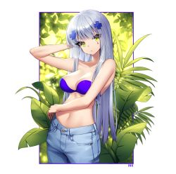 Rule 34 | 1girl, absurdres, ankkoyom, arm at side, artist name, bare arms, bare shoulders, bikini, bikini top only, blue bikini, blunt bangs, blush, breasts, cleavage, collarbone, commentary, cowboy shot, denim, expressionless, facial mark, girls&#039; frontline, green eyes, hair ornament, hand in own hair, highres, hk416 (girls&#039; frontline), jeans, long hair, looking at viewer, medium breasts, midriff, navel, outdoors, outside border, pants, parted lips, plant, silver hair, solo, stomach, strapless, strapless bikini, swimsuit, teardrop, very long hair, wide hips
