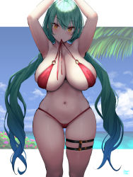 Rule 34 | 1girl, arms up, blue hair, blush, breasts, cloud, day, female pubic hair, gradient hair, green hair, highres, huge breasts, long hair, mature female, mouth hold, multicolored hair, navel, o-ring, o-ring swimsuit, ocean, oekakizuki, one-piece swimsuit, original, pubic hair, pubic hair peek, red one-piece swimsuit, signature, skindentation, sky, solo, swimsuit, thigh strap, twintails, water, yellow eyes