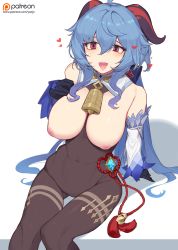 Rule 34 | 1girl, absurdres, bell, blue hair, blush, bodysuit, breasts, breasts out, brown bodysuit, covered navel, cowbell, detached sleeves, ganyu (genshin impact), genshin impact, gloves, goat horns, highres, horns, inverted nipples, large breasts, long hair, looking at viewer, nipples, open mouth, purple eyes, sitting, smile, thighs, yanje