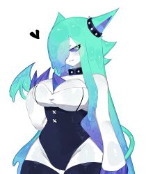 Rule 34 | 1girl, animal ears, bare hips, black thighhighs, breasts, cat ears, cat girl, claws, cleavage, collar, colored sclera, demon tail, furry, furry female, green eyes, green hair, highres, large breasts, leotard, liquid hair, long hair, looking at viewer, monster girl, multicolored hair, one eye covered, original, purple hair, purple sclera, slime girl, smirk, solo, spiked collar, spikes, tail, thick thighs, thighhighs, thighs, toge (togetoge), togetoge, very long hair, wide hips