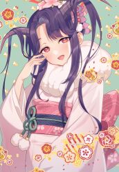 Rule 34 | 1girl, :d, black hair, blue archive, commentary request, demon girl, demon horns, flower, forehead, fur scarf, fuuka (blue archive), fuuka (new year) (blue archive), hair flower, hair ornament, halo, head tilt, horns, japanese clothes, kimono, long hair, long sleeves, looking at viewer, natsumachisan, official alternate costume, open mouth, parted bangs, red eyes, sidelocks, smile, solo, wide sleeves