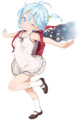 Rule 34 | 10s, 1girl, backpack, bag, blue eyes, blue hair, buriki, child, denpa onna to seishun otoko, mary janes, matching hair/eyes, one eye closed, outstretched arms, planet, randoseru, shoes, solo, spread arms, star (symbol), touwa erio, wink, aged down