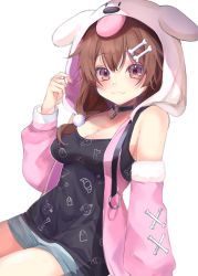 1girl :3 absurdres arm_support blush breasts brown_eyes brown_hair closed_mouth collar collarbone highres hololive hood hood_up inugami_korone inugami_korone_(loungewear) large_breasts long_sleeves looking_at_viewer medium_hair smile solo tokkieee_qian virtual_youtuber