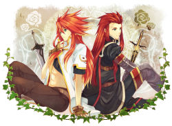 Rule 34 | 00s, 2boys, asch (tales), flower, flower (symbol), gloves, green eyes, ivy, luke fon fabre, male focus, multiple boys, nanatomi yuki, plant, red hair, surcoat, sword, tales of (series), tales of the abyss, weapon, white background