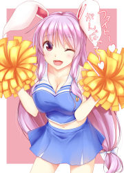 Rule 34 | 1girl, alternate costume, animal ears, bad id, bad pixiv id, blue skirt, border, bow, breasts, carrot, cheering, cheerleader, cleavage, commentary request, cowboy shot, hair bow, hisae (hisae collect), large breasts, long hair, looking at viewer, low-tied long hair, midriff, miniskirt, one eye closed, open mouth, pink background, pom pom (cheerleading), purple hair, rabbit ears, red eyes, reisen udongein inaba, skirt, smile, solo, touhou, very long hair, white border, white bow