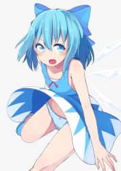 Rule 34 | 1girl, bare arms, bare legs, blue bow, blue dress, blue eyes, blue footwear, blue hair, blue panties, bow, bow panties, cirno, dress, fang, grey background, hair between eyes, hair bow, highres, ice, ice wings, looking at viewer, navel, okota mikan, open mouth, panties, polka dot, polka dot panties, shoes, simple background, sleeveless, sleeveless dress, solo, touhou, underwear, upskirt, wings