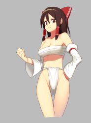 Rule 34 | 1girl, armpit peek, bad id, bad pixiv id, bare legs, bow, breasts, brown hair, cleavage, clenched hand, closed mouth, commentary, cowboy shot, detached sleeves, fundoshi, gluteal fold, grey background, groin, hair between eyes, hair bow, hair tubes, hakurei reimu, hand on own hip, japanese clothes, long hair, looking at viewer, medium breasts, midriff, red eyes, sarashi, sidelocks, simple background, solo, thigh gap, thighs, touhou, wide sleeves, yani (nokori life1)