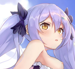 Rule 34 | 1girl, arched back, azur lane, bad id, bad pixiv id, bare shoulders, bikini, unworn bikini top, blush, bow, breasts, brown eyes, close-up, cloud, cloudy sky, commentary request, day, dewey (azur lane), frilled bikini, frills, hair bow, light purple hair, long hair, looking at viewer, looking back, nipples, outdoors, parted lips, ponta (velmar), sidelocks, sky, small breasts, solo, swimsuit, twintails, very long hair