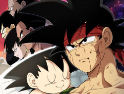 Rule 34 | 1girl, 5boys, baby, bardock, black eyes, black hair, blood, blood from mouth, blood on face, bruise, cloud, collarbone, dark skin, dirty, dragon ball, dragonball z, earrings, closed eyes, facial hair, scar on face, injury, jewelry, multiple boys, mustache, panbukin (dragon ball), petagon, scar, scar on cheek, scar on face, seripa, short hair, smile, son goku, space, toma (dragon ball), toteppo, aged down