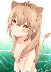 Rule 34 | 1girl, animal ears, bad id, bad pixiv id, blush, brown hair, hair censor, hair over breasts, hanamori suzu (hkgbkk8), highres, indie virtual youtuber, lion ears, lion girl, lion tail, looking at viewer, nude, rurudo lion, solo, tail, upper body, virtual youtuber, wading, yellow eyes