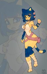 Rule 34 | 1girl, animal crossing, ankha (animal crossing), bag, bandages, belt, blue eyes, breasts, brown hair, cleavage, fang, hair ornament, highres, leotard, looking at viewer, monster girl, mythrunadraw, nintendo, open mouth, satchel, short hair, signature, solo, tail