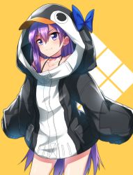 Rule 34 | 1girl, animal hood, black jacket, blue bow, blush, bow, closed mouth, collarbone, commentary request, fate/grand order, fate (series), hair between eyes, highres, hood, hood up, hooded jacket, jacket, long hair, long sleeves, meltryllis, meltryllis (fate), meltryllis (swimsuit lancer) (fate), meltryllis (swimsuit lancer) (first ascension) (fate), minowa sukyaru, penguin hood, puffy long sleeves, puffy sleeves, purple eyes, purple hair, sleeves past fingers, sleeves past wrists, smile, solo, very long hair, yellow background