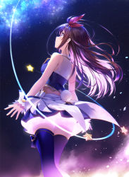 Rule 34 | 1girl, amagai tarou, blouse, blue eyes, blue ribbon, blue skirt, blue thighhighs, brown hair, crop top, cropped shirt, fake tail, from behind, from below, galaxy, hair ornament, hair ribbon, hairclip, highres, hololive, key visual, leg ribbon, long hair, looking away, midriff, night, night sky, official art, pleated skirt, promotional art, rabbit tail, red ribbon, ribbon, shirt, shooting star, skirt, sky, sleeveless, smile, solo, star (sky), star (symbol), starry sky, tail, textless version, thigh ribbon, thighhighs, tokino sora, tokino sora (1st costume), virtual youtuber, white shirt, wrist cuffs, zettai ryouiki