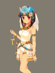 Rule 34 | 1girl, ankh, belt, black hair, blue hair, breasts, egyptian, head wreath, jewelry, lots of jewelry, medium breasts, multicolored hair, necklace, original, red eyes, shirokuma (chedgen), short hair, simple background, smile, solo, two-tone hair