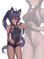 Rule 34 | 1girl, absurdres, ahoge, animal ears, arm behind back, arm up, bare arms, bare shoulders, black hair, black leotard, black shorts, blouse, borrowed character, breasts, brown kemomimi-chan (krr), commission, covered navel, crop top, crop top overhang, dark-skinned female, dark skin, grin, highleg, highleg leotard, highres, kumarang, leotard, leotard pull, long hair, looking at viewer, medium breasts, micro shorts, open fly, original, ponytail, purple eyes, see-through, shirt, shorts, simple background, sleeveless, sleeveless shirt, smile, solo, standing, thighs, very long hair, white background, wolf ears, zoom layer